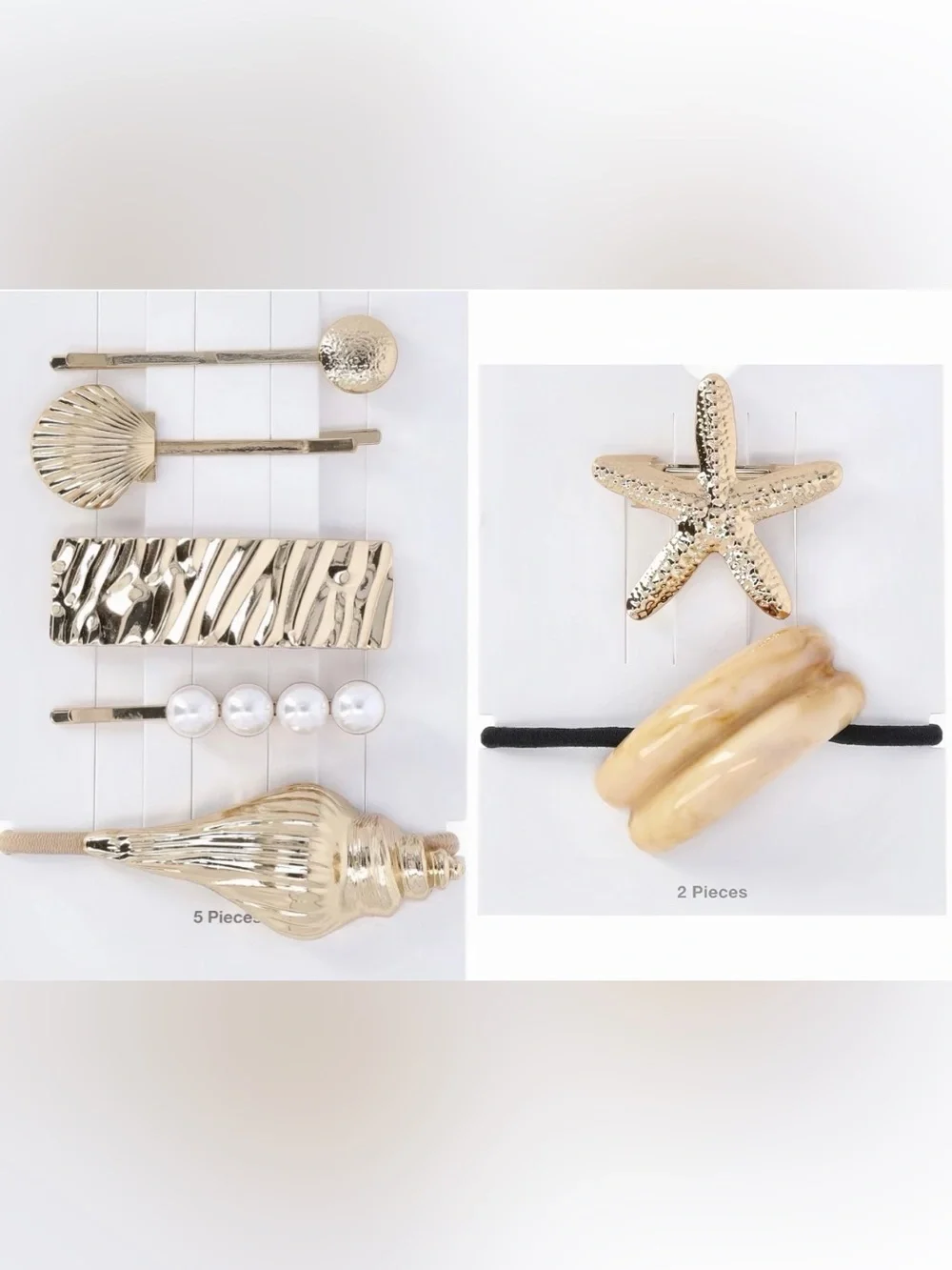 Gold Shell & Pearl Clips, Barrettes, and Hair Cuffs Set, 7-Piece